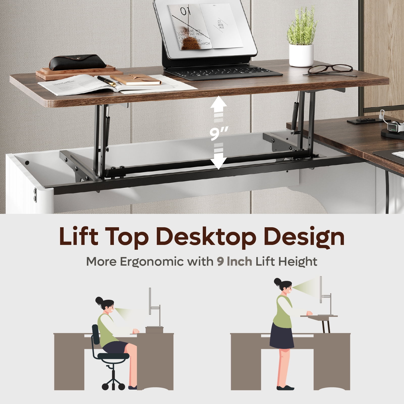 Bestier 55" L-shaped Computer PC Desk Lift Top with Power Outlets Storage Drawers and Monitor Stand, Walnut and White