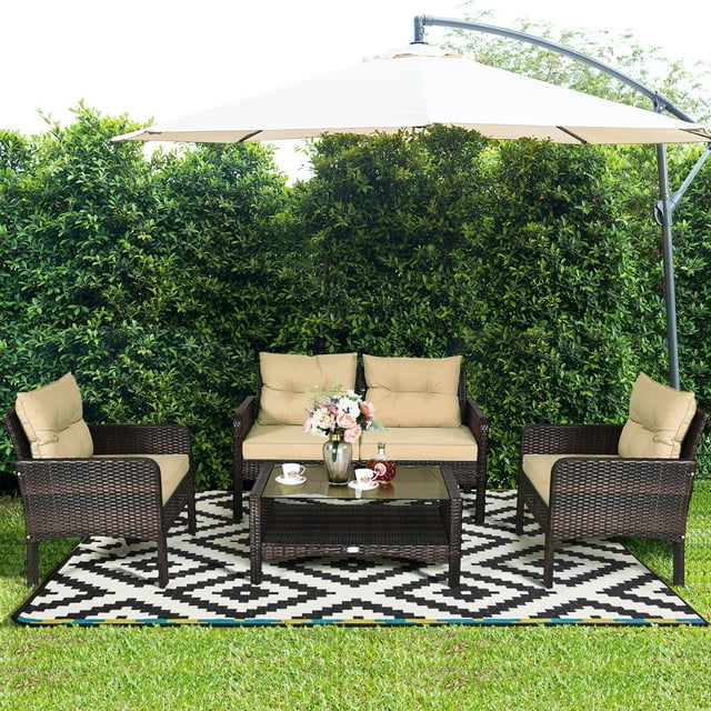 Costway Ensemble de Mobilier de Patio en Rotin 4 Pcs Causeuse Canapé Table Basse de Jardin avec Coussin
