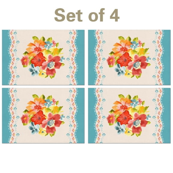 Linen Placemats Set Of 4 11.8x17.7 Inch,Pioneer Colorful Flowers Fabric Table Mats,Resistant Washable Wipeable Table Mat for Party Kitchen Dining Home Decor