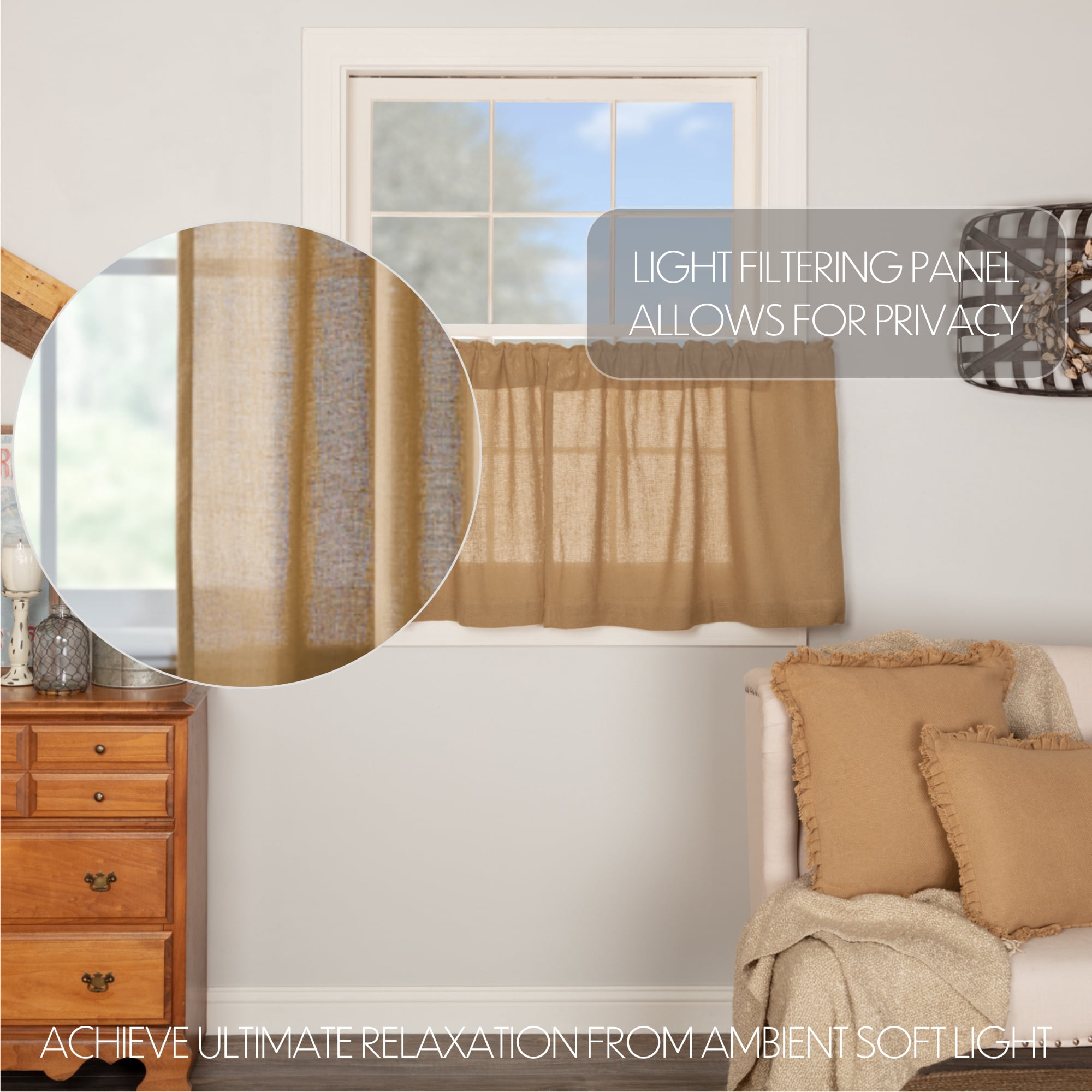 VHC Brands Farmhouse 24"x36" Tier Pair Tan Rod Pocket Kitchen Window Curtains