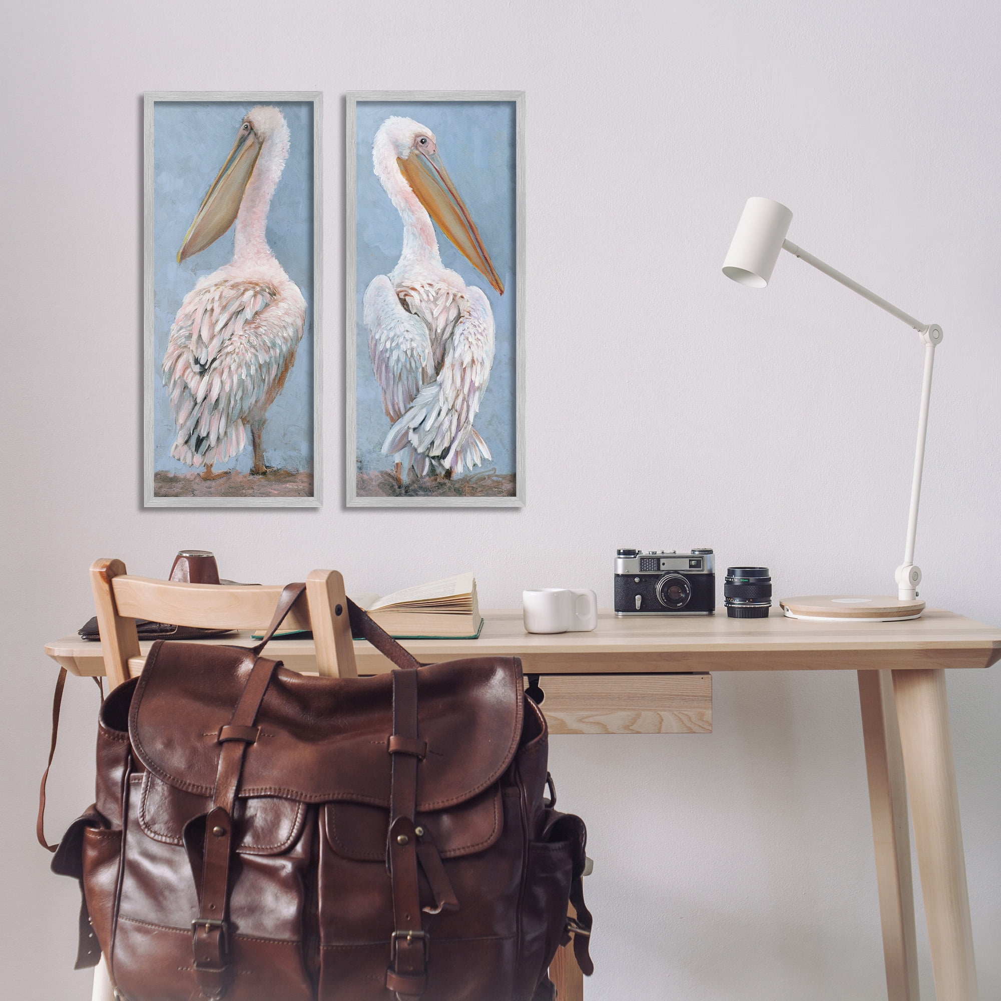Stupell Industries Classic Pelicans Gazing Animals & Insects Painting Gray Framed Art Print Wall Art, 10 x 24, Set of 2