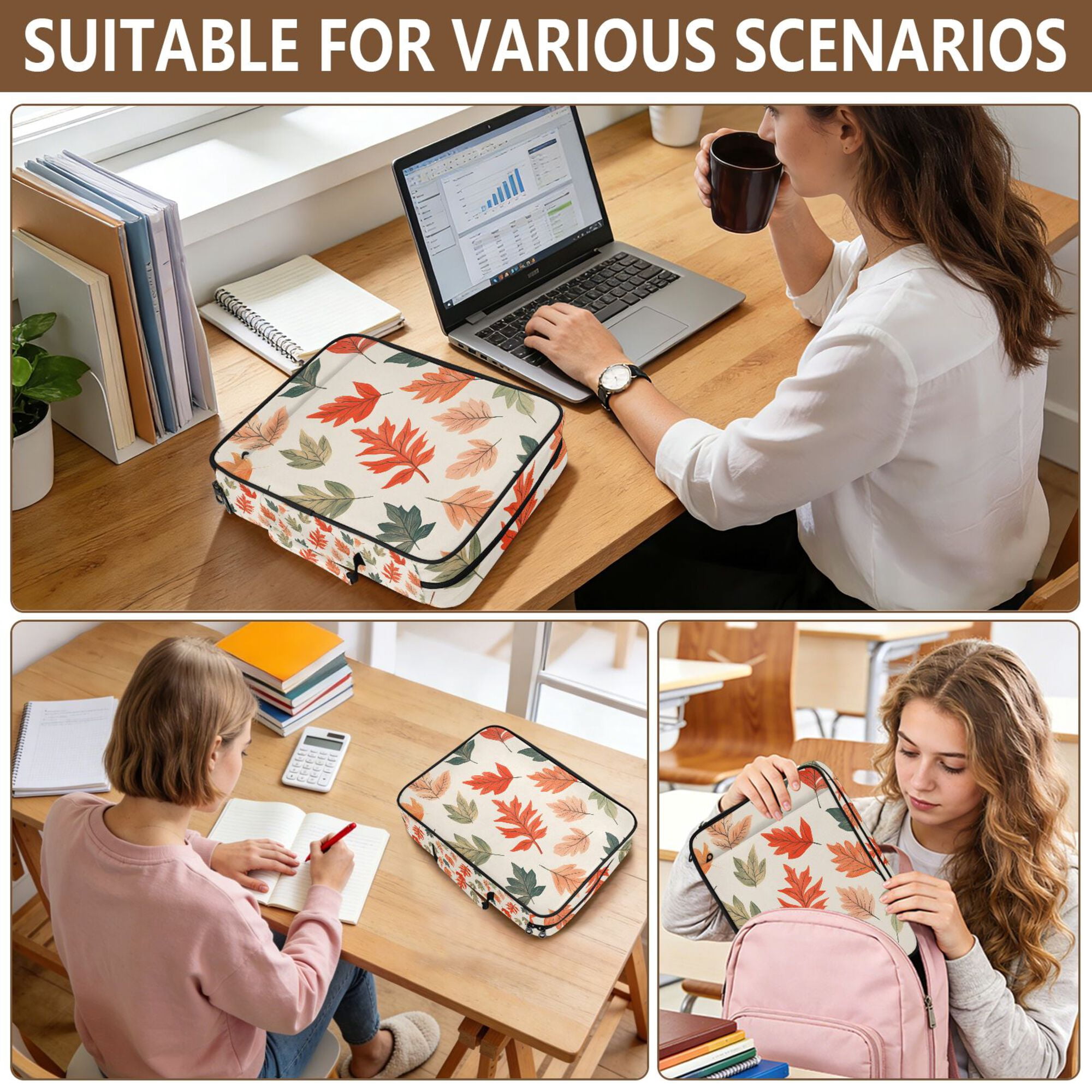 FORMRS Accordion File Folder A4 Size 7-Pocket Expanding Document Organizer Bag with 3 Ring Binder, Red Autumn Leaves