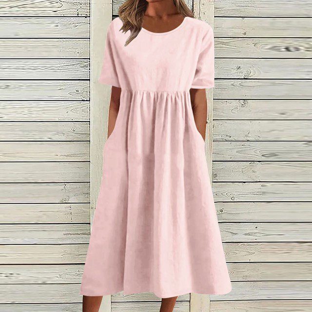 Lindbes 2024 Été Nouveau P-2TG Vintage Coton Lin Robe Femme Décontractée Ample Col Rond Manches Courtes Mode Maxi Robes Vestidos Mujer