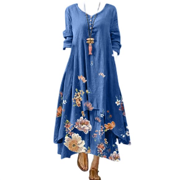 JFBUJC Robe Décontractée à Fleurs pour Femmes, Col Rond, Manches Longues, Irrégulière, Ample, Longue