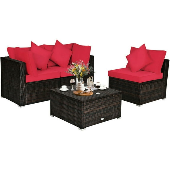 Spaco 4 Pieces Patio Rattan Wicker Furniture Set with 2 Corner Sofas, Cushioned Sofa Furniture Set, Patio Conversation Sofa Set for Garden Deck, Red