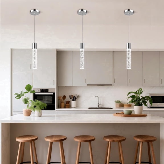 PKincubow 3-Pack LED Pendant Light Kitchen Island Hanging Light Brushed Nickel Modern Pendant Fixture with Crystal Bubble 6500K