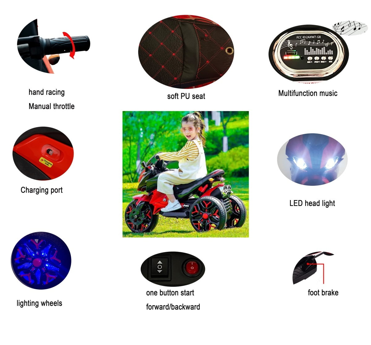 HNH Kids Motorcycle for 3-6 Year old, 3-Wheels Ride On Motorcycle, 12V Battery Powered Motorbike with PU Seat Training Wheels/Manual Throttle/Lighting Wheels/Wireless,Red