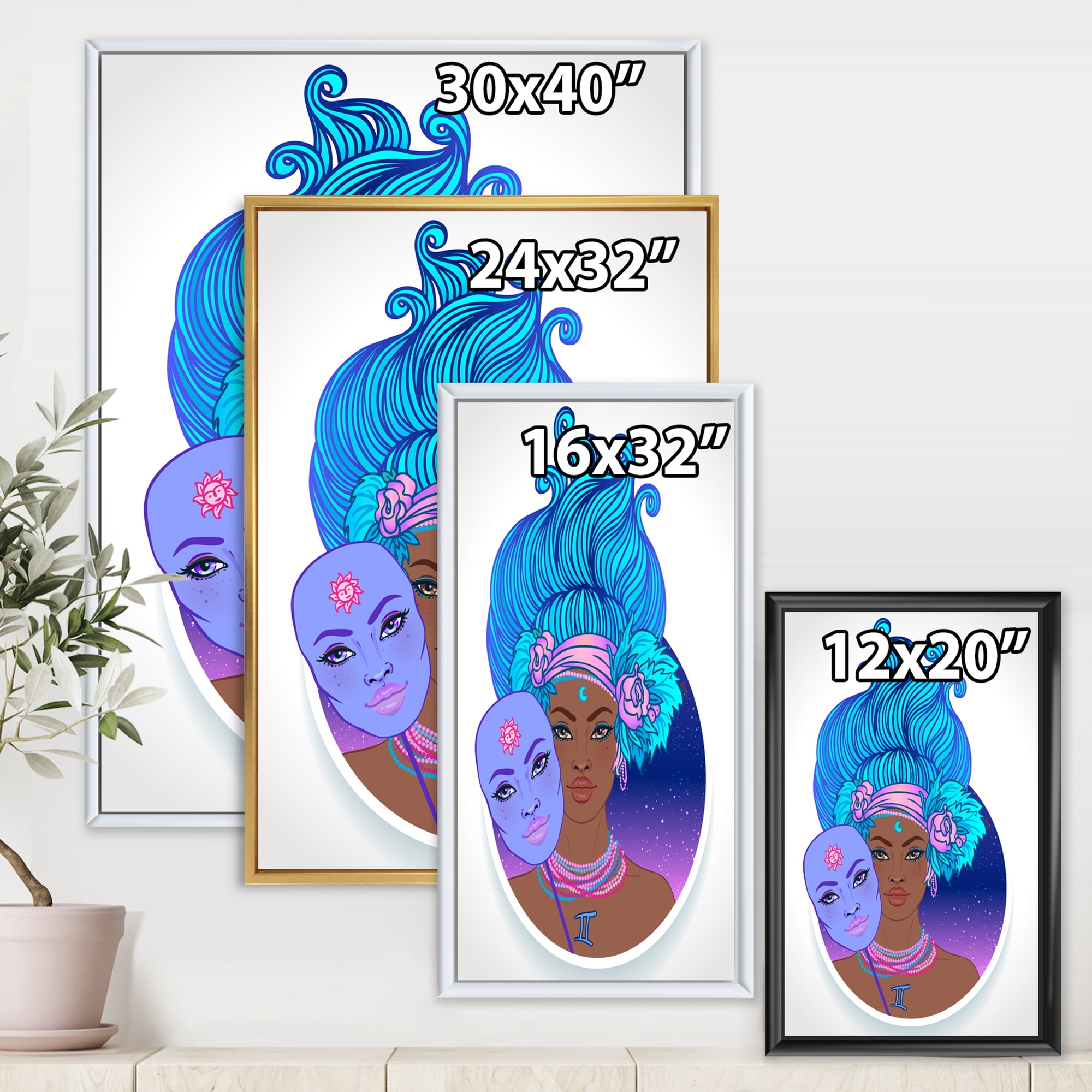Designart 'Portrait of Afro American Girl With Blue Hair II' Modern Framed Canvas Wall Art Print