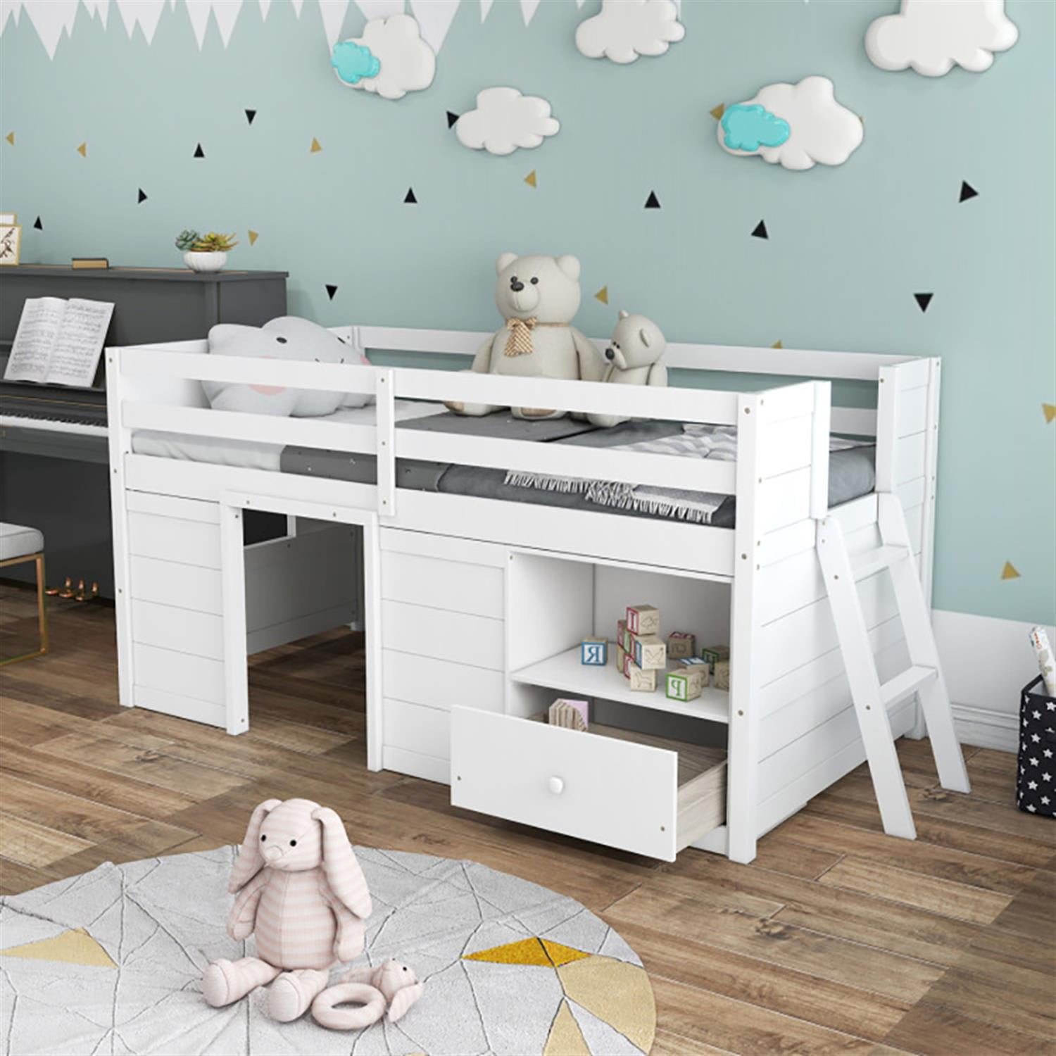 Demi Bonn Twin Size Solid Wood Low Loft Bed with Storage and Drawer for Teens, White