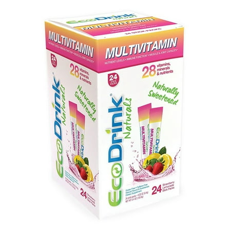 EcoDrink Naturals Naturally Sweetened Complete Multivitamin Mix Drink Stick Packs, Strawberry Lemonade, 24