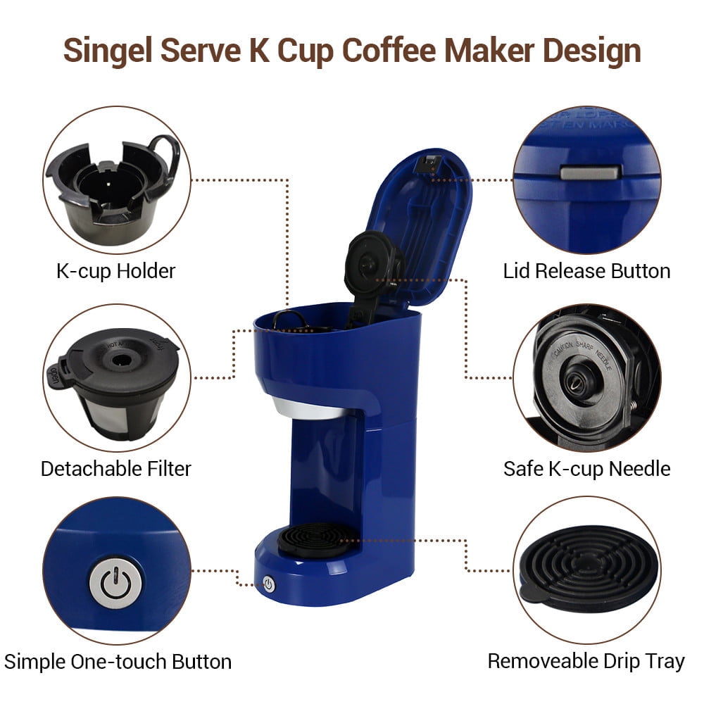 Single Serve Coffee Maker 6-14OZ With Filter Coffee Brewer for K Cup Pods  Capsule Ground Coffee Instant Coffee Machine, Blue 