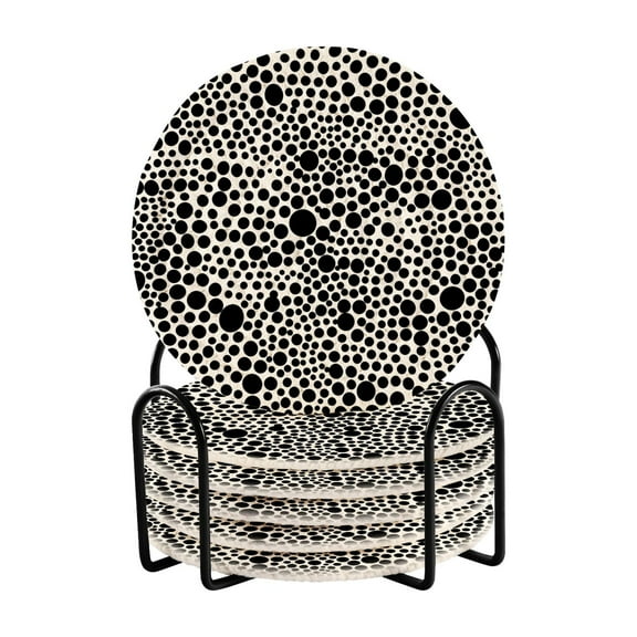 6 Pcs Black Dots on White Drink Coasters with Holder Absorbent Coaster Sets Cup Heat-Resistant Hot Pads Mats for Bar Table Protection