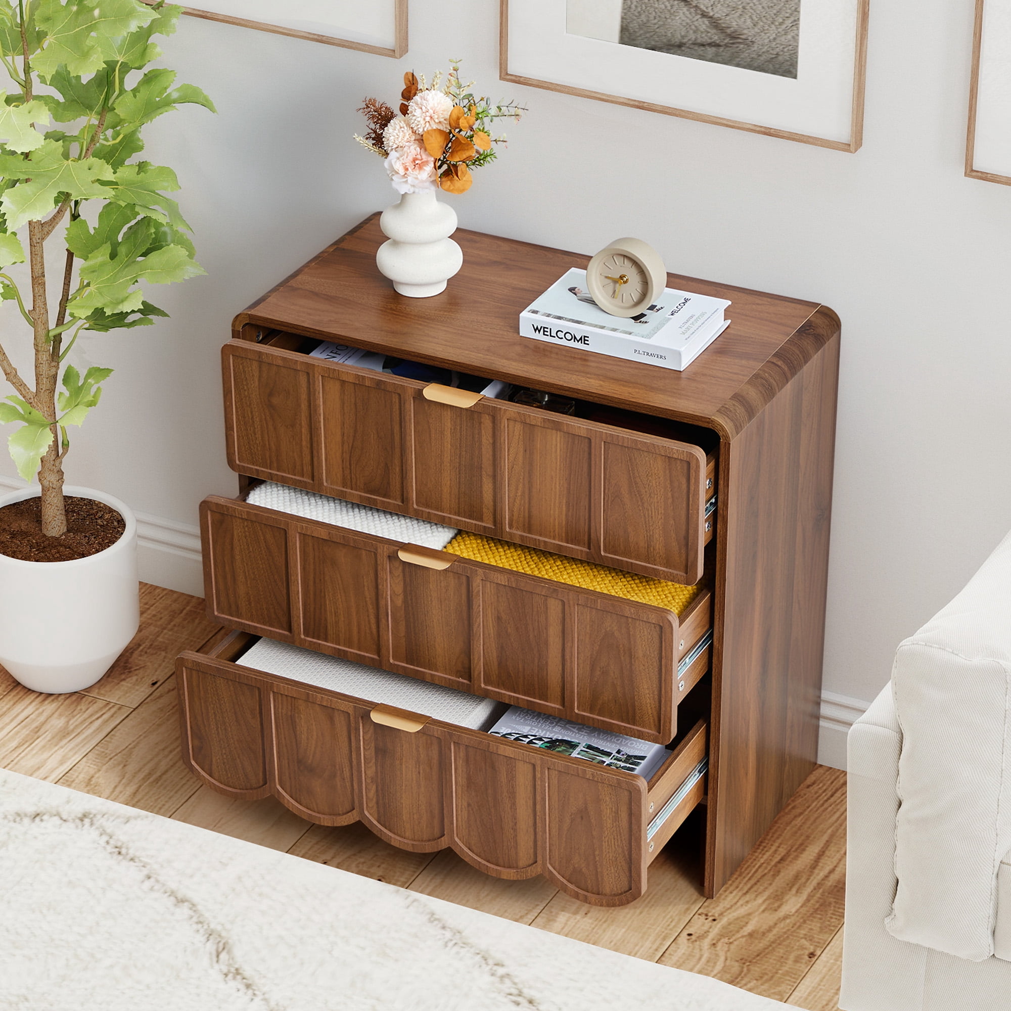 Weselon 3 Drawer Dresser for Bedroom, Modern Wave Panel Chest of Drawers, Closet Storage Cabinet, Walnut