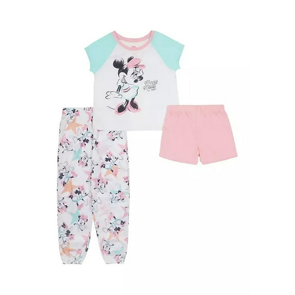 Disney Girl's Classic Sketch Minnie Mouse 3-Piece Pink, Turquoise Pajama Set (Size 6)