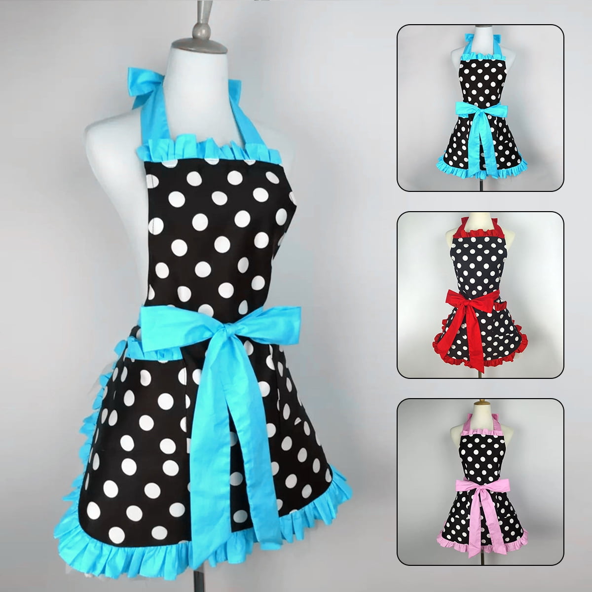 Aspire Women Full Apron with 2 Pockets Tie Back Retro Polka Dot for Cafe Kitchen 