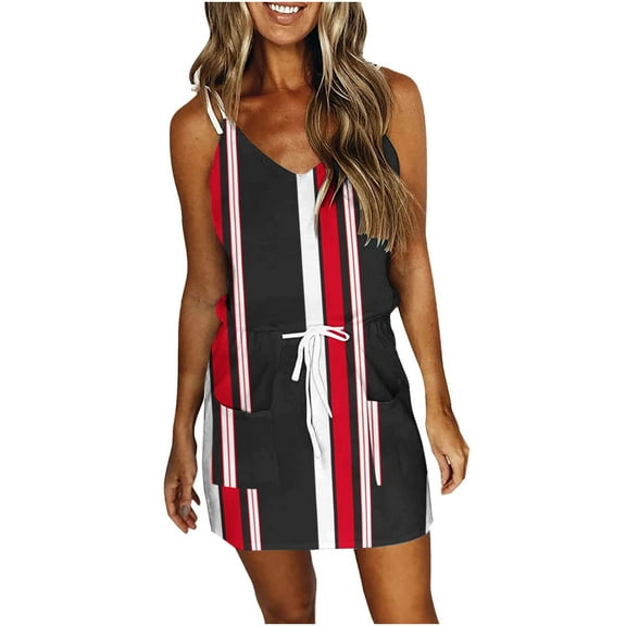 Spaghetti Strap Dresses for Women Striped Print T-shirt Dress Sleeveless V Neck Tank Dress Waist Dress with Pockets