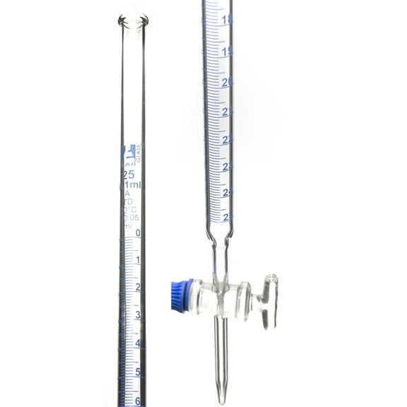 Class A 25mL Borosilicate Burette - 0.1mL Graduations - 0.05mL Tolerance - Glass Key (Smooth)  Stopcock - 22.5" Tall