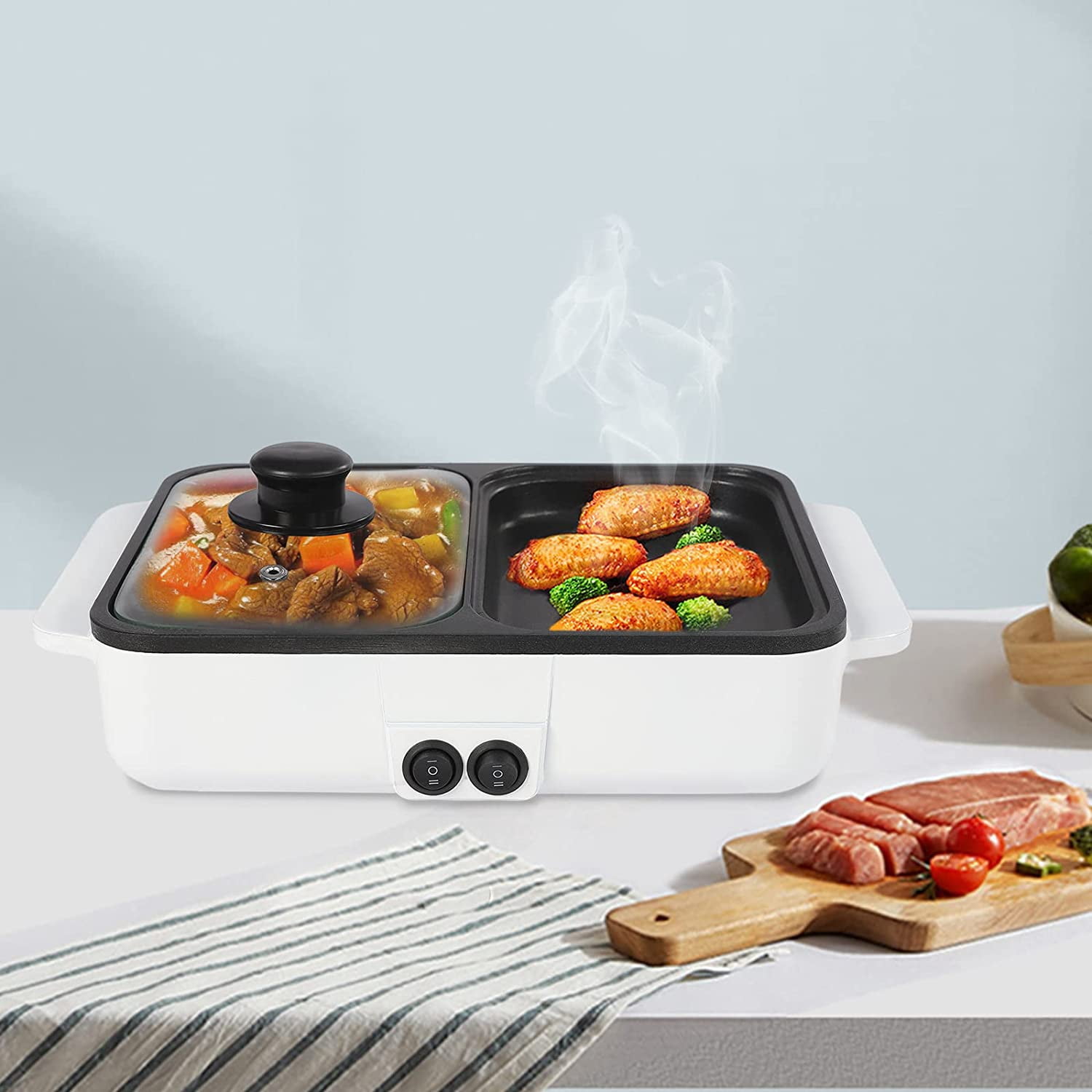 Gigicial Hot Pot Electric with Grill, 2 in1 Indoor Non-Stick Shabu Shabu Pot & Frying Pan, Portable Mini Hot Pot BBQ, Individual Dual Temperature Control,White