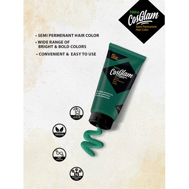 Nisha Cosglam Semi Permanent Hair Color Crazy Green, Non-Oxidative Nisha Cosglam Semi Permanent Hair Color Crazy Green, Non-Oxidative