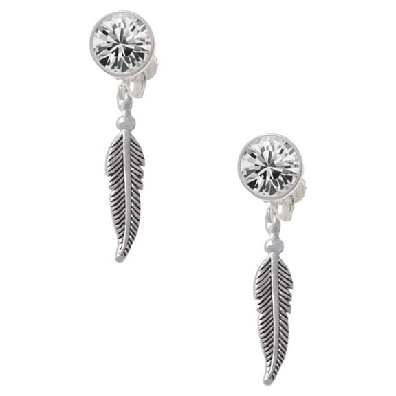 Silvertone 3-D Feather Clear Crystal Clip On Earrings