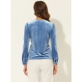 thumbnail image 4 of Blusa de mujer con cuello en V y manga larga de terciopelo con pliegues delanteros y botones Gris azul M, 4 of 5