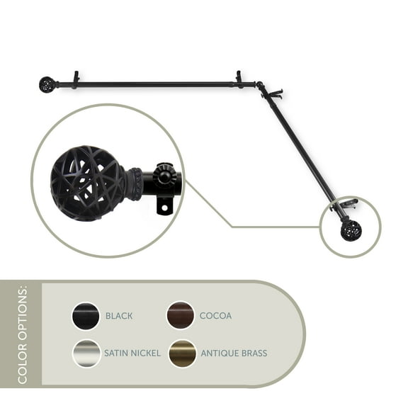 13/16" Dia Adjustable Corner Window Single Curtain Rod 28 to 48" (each side) in Black with Matthias Finials,(4888-282-CR)