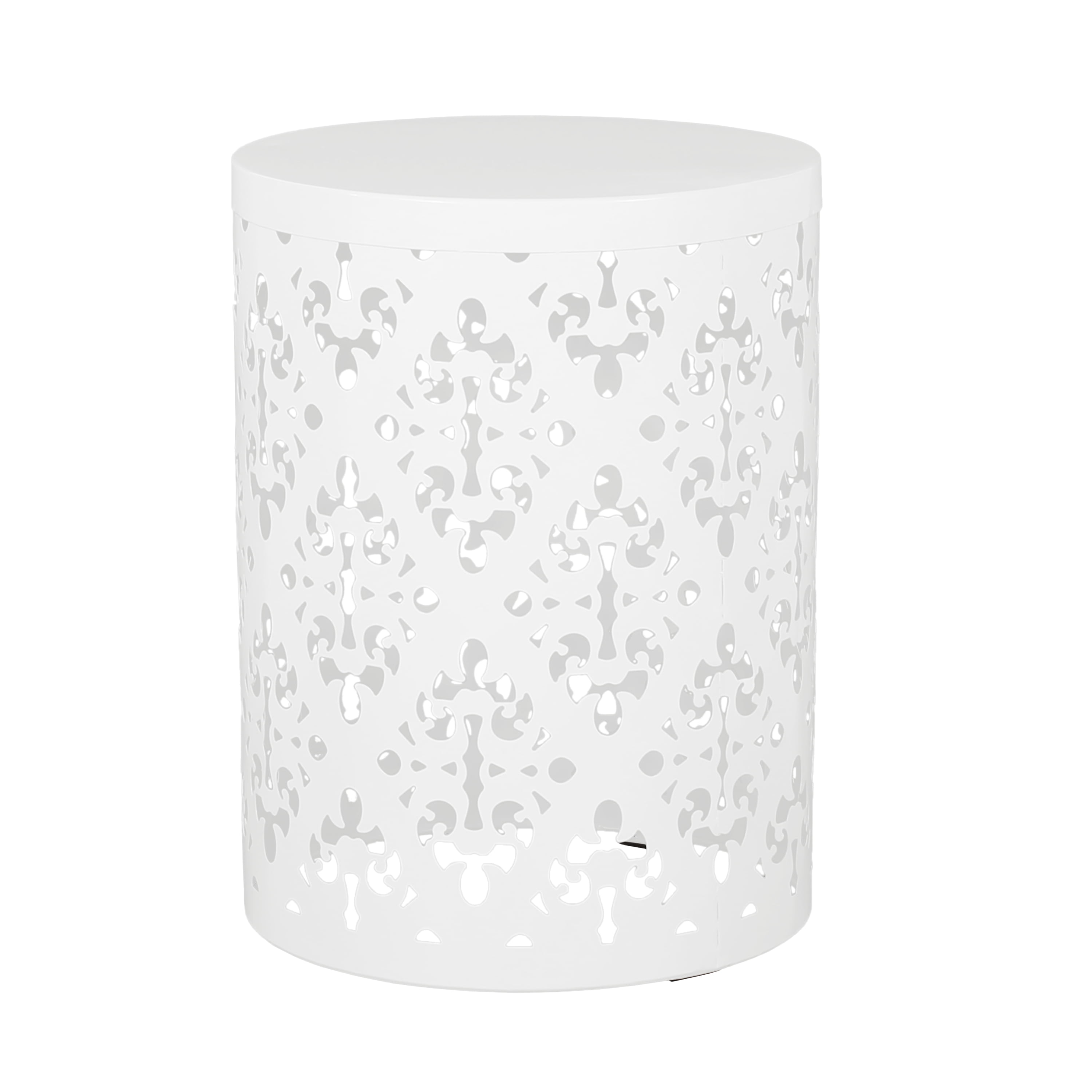 Outdoor Nesting Side Table Set of 2, Cylindrical Floral Pattern Structure for Patio Garden, White