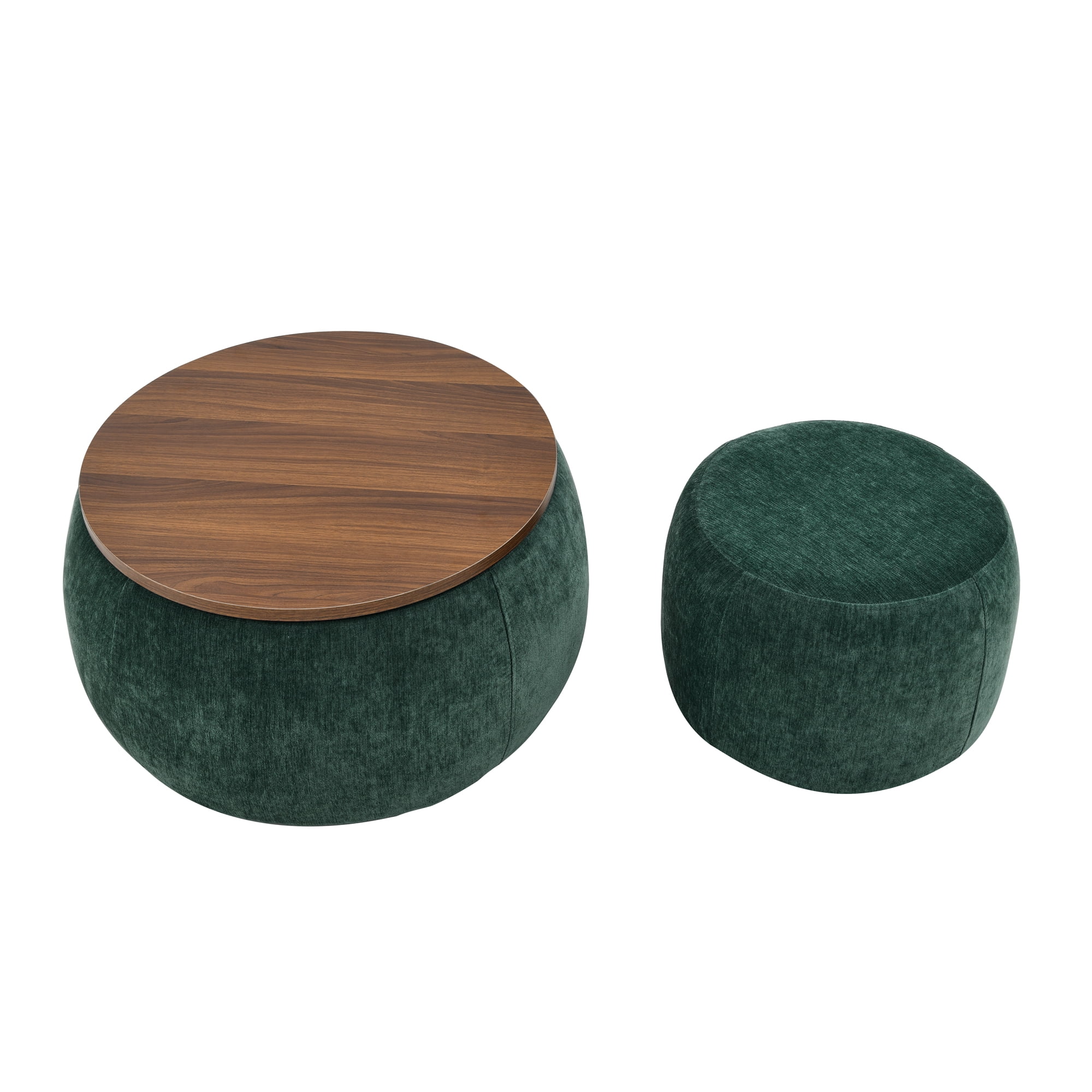 Aukfa 2pc Round Storage Ottoman, Chenille Upholstered Pouf Foot Rest Stools, Coffee End Table for Living Room, Bedroom, Dorm, Green