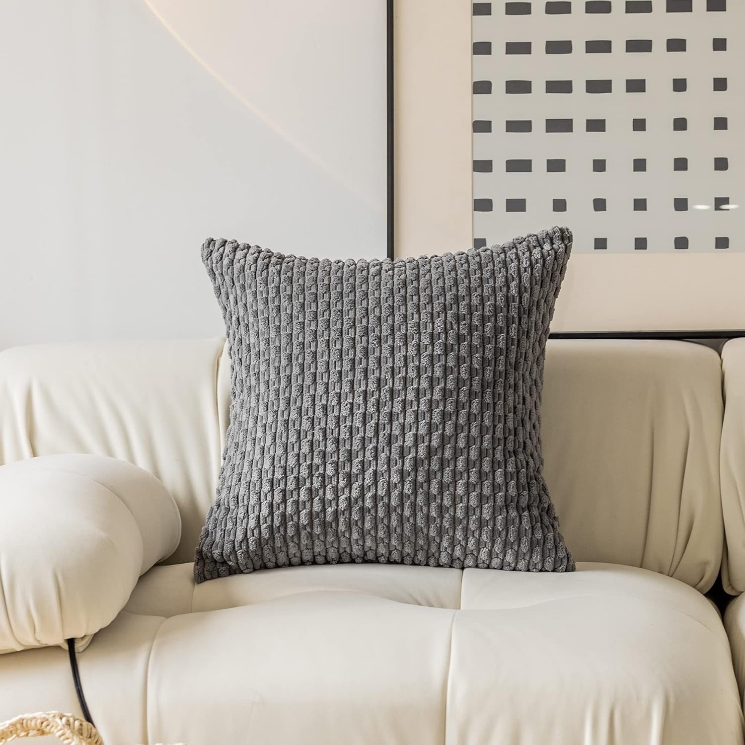 Holzlrgus Throw Pillow Cover Striped Pattern Decorative Soft Corduroy Cushion Covers Stripes for Living Room, Set of 2, 18x18 Inch, Dark Grey