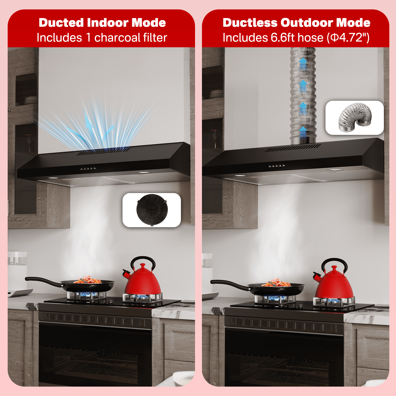 Nardea 30 Inch Under Cabinet Range Hood, 300 CFM Black Kitchen Stove Vent Hood, Ducted/Ductless Convertible with LED Lights & Dishwasher-Safe Filter, Plug-In 120V Exhaust Fan