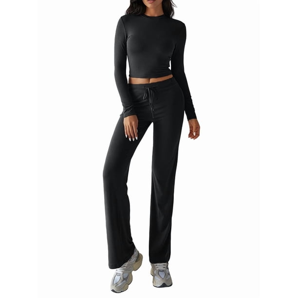 Conjuntos de 2 Piezas para Mujer, Larga, Cuello Redondo, Pantalones Acampanados de Cintura Alta, Conjuntos de Chándal, Ropa de Calle. Negro M