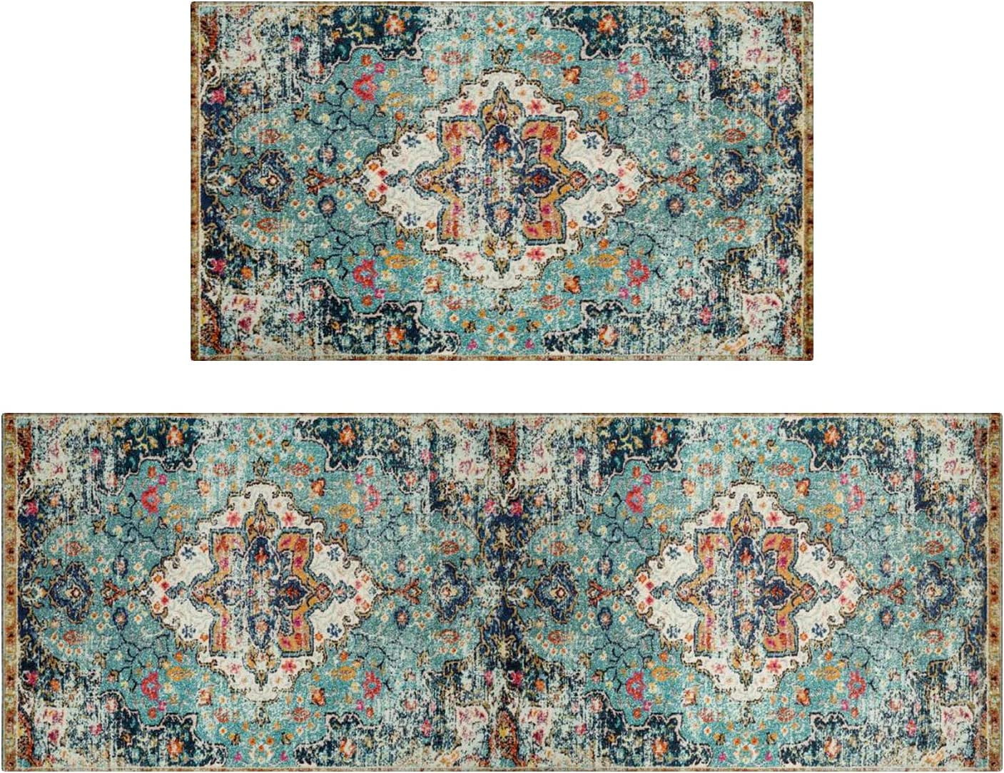 Boho Kitchen Rug Set,Boho Kitchen Mats for Floor Teal Kitchen Rugs Farmhouse Style,Boho Rugs