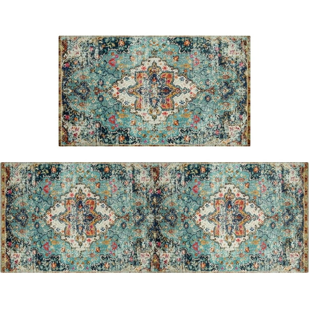 Boho Kitchen Rug Set,Boho Kitchen Mats for Floor Teal Kitchen Rugs