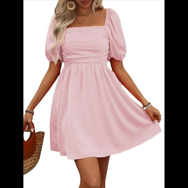 Vestido Bohemio de Corta Abullonada para Mujer, Escote Cuadrado, Corte A, Rosa, Talla M