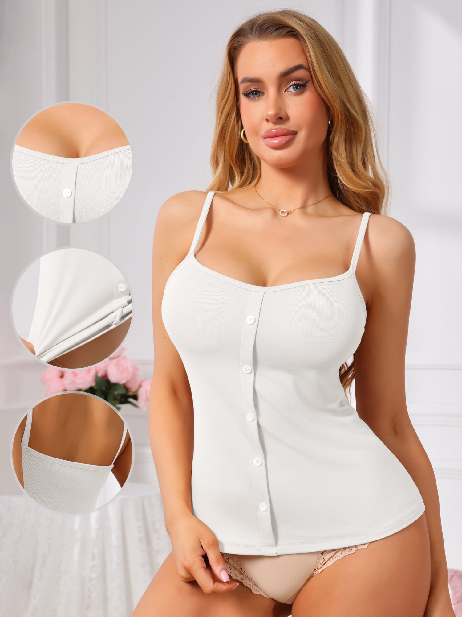 DARING DIVA Women's Button Down Sleeveless U-Neck Spaghetti Strap Camisoles Large White