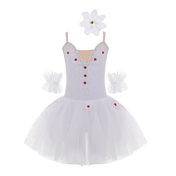 Kaerm Kids Girls Swan Ballet Dance Dress Flower Lace Tutu Skirt Leotards and Hair Clip Set White 160