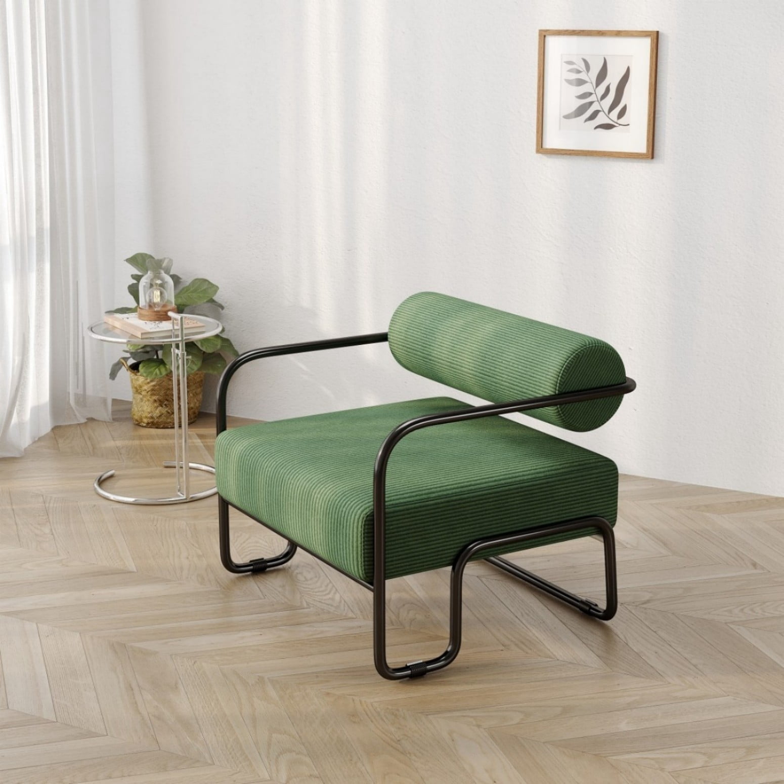 Living Room Iron Accent Chair, Corduroy Upholstered Lazy Leisure Chair with Curved Ergonomic Seat & Armrests, Sturdy Metal Frame Reading Chair for Balcony, Bedroom, Apartment, Dark Green