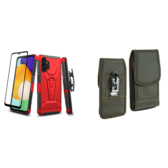 Bemz Phone Case for Galaxy A14 5G with Slim Heavy Duty Construction Shockproof Rugged Magnetic Metal Kickstand Cover, Screen Protector, Vertical Rugged Nylon Belt Holster Pouch (Titanium Red/Green)