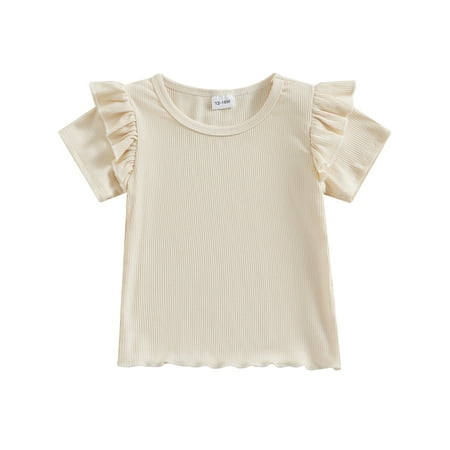 

Mevireiy Toddler Girls T-Shirt Solid Color Ribbed Knit Short Sleeve Summer Pullover Tops Beige 12-18 Months