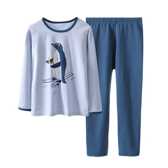 Byoo Boys Outfit Penguin Print Long Sleeve Round Neck Pullover Top Pants Sleepwear Loose Comfy Nightwear for Kids