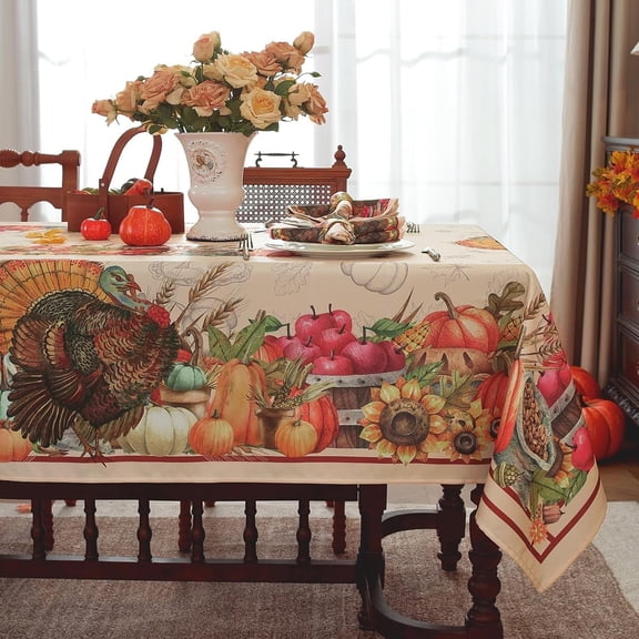Fall Tablecloth Rectangle, Turkey Pumpkin Print Waterproof Wrinkle-Resistant Table Cloth for Autumn Thanksgiving Harvest Dining Kitchen Decor