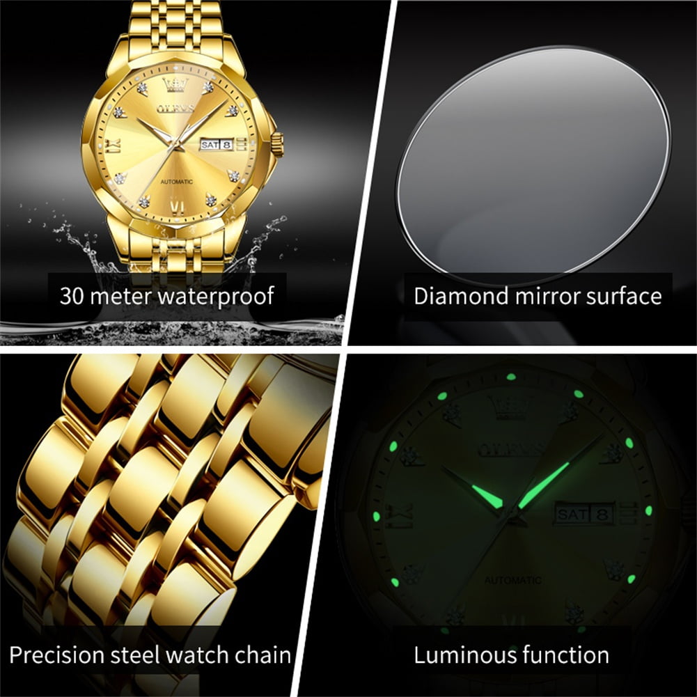 OLEVS Automatic Watches for Men Self Winding Mechanical Luxury Dress Stainless Steel Two Tone Strap Diamond Waterproof Luminous Date Mens Wrist Watches Reloj Para Hombre Black/Blue/Gold/White