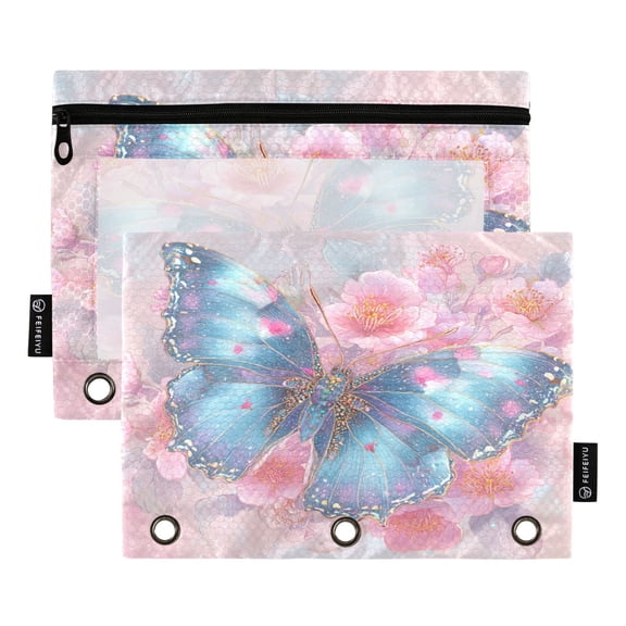 2 Pack 3 Ring Binder Pouch with Clear PVC Window Water Resistant Zipper Pencil Pouch Bright Blue Butterfly Binder Pocket for Classroom Office Home Stationery Organization