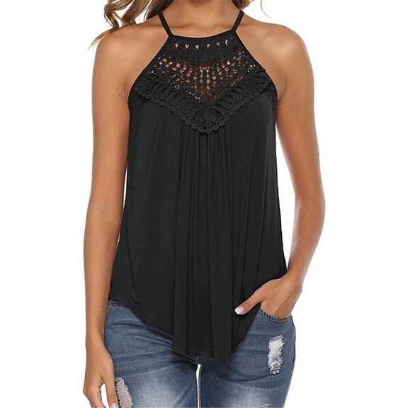 SHELLTON Women's Casual Summer Cute Lace Halter Neck Flowy Pleated Workout Sleeveless Tank Tops T-shirts Blouses