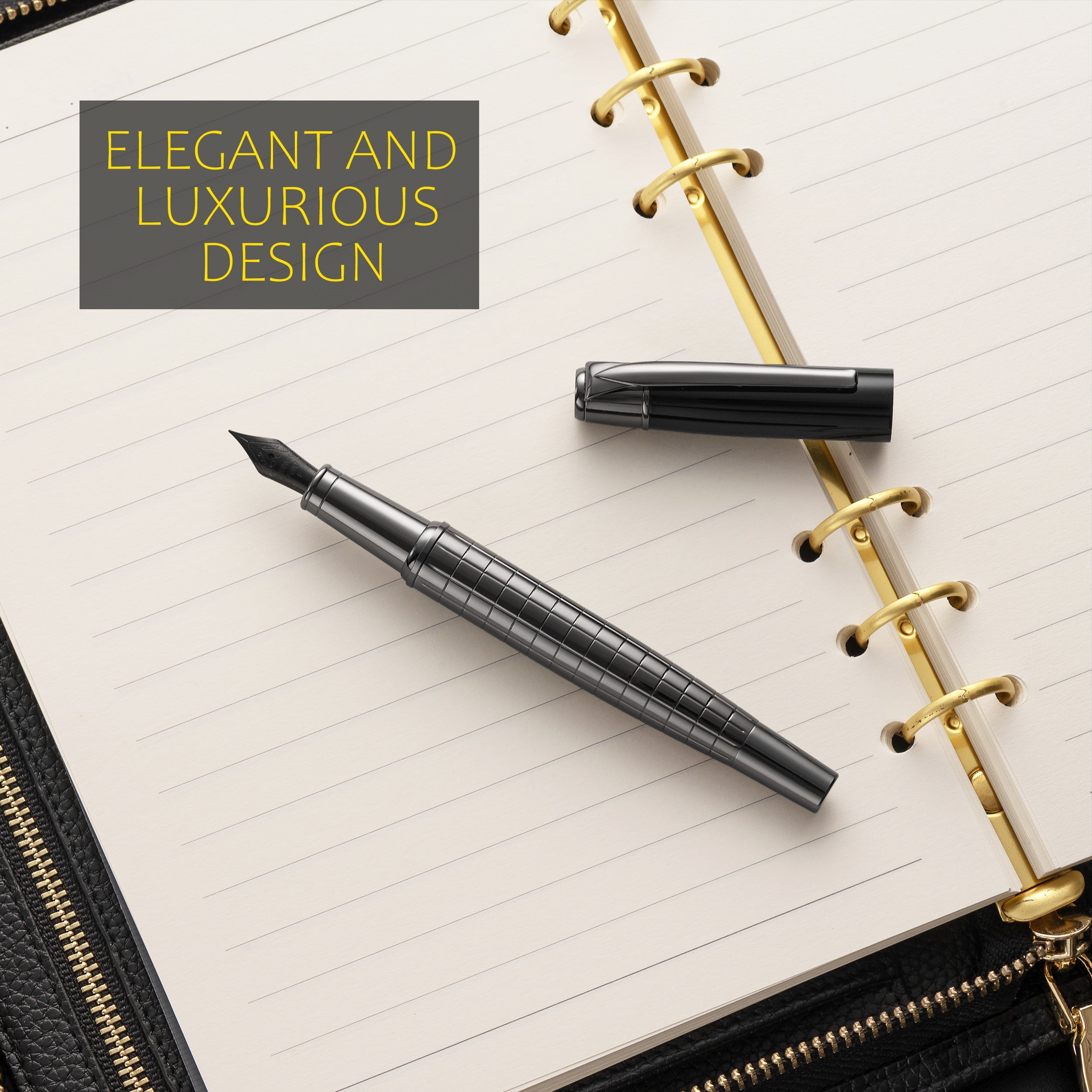 Vandro Complete Luxury Fountain Pen Set - Comfortable Grip with Smooth Fine Nib - Includes 10 Pack Ink Cartridges, Black Ink Bottle, Ink Refill Converter & Gift Box - Midnight Black