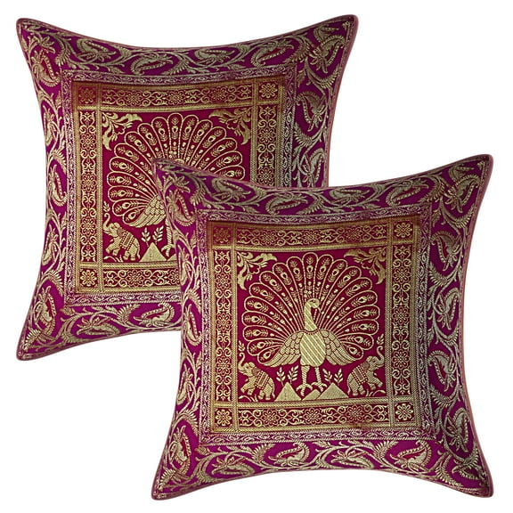 Stylo Culture Ethnic Bohemian Brocade Magenta And Gold Throw Pillow Covers 16x16 Jacquard Weave Banarsi Indoor Outdoor Pillow Covers Dancing Peacock 40x40 cm Decorative Cushion Covers (Set Of 2)