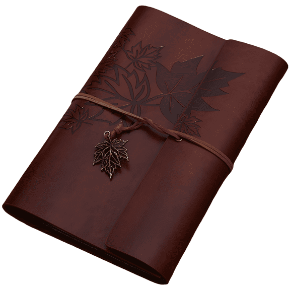 A5 Faux Leather Journal Notebook, Portable Loose Leaf Refillable Diary with Tie-Strap Closure, Embossed Leaves Design, Metallic Pendant, Retro Aesthetic for Office Business