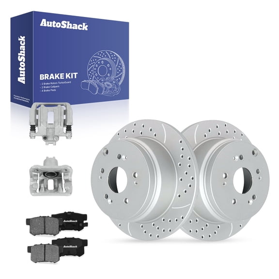 AutoShack Rear Brake Rotors, Premium Pads & Calipers for Honda, CR-V 2007-2016, AWD FWD 4WD L4 2.4L - Coated Drilled & Slotted - Silver Matte Finish - TurboGuard - 11.99" (304.6 mm), 5-Lug