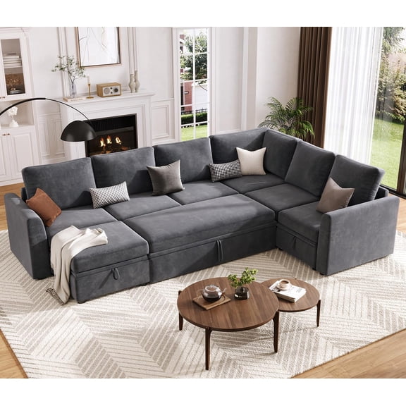 Sectional Sleeper Sofa with Pull Out Bed, Chenille Modular Sectional Sofa U Shaped Sofa with Pull Out Sofa and Storage Seat & Ottoman
