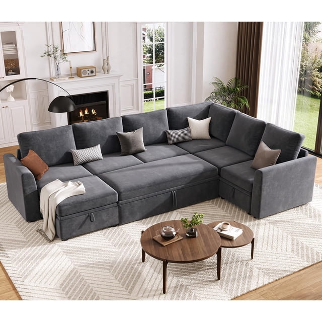 Sectional Sleeper Sofa with Pull Out Bed, Chenille Modular Sectional Sofa L Shaped Couch with Pull Out Couch and Storage Seat, Convertible Couches for Living Room